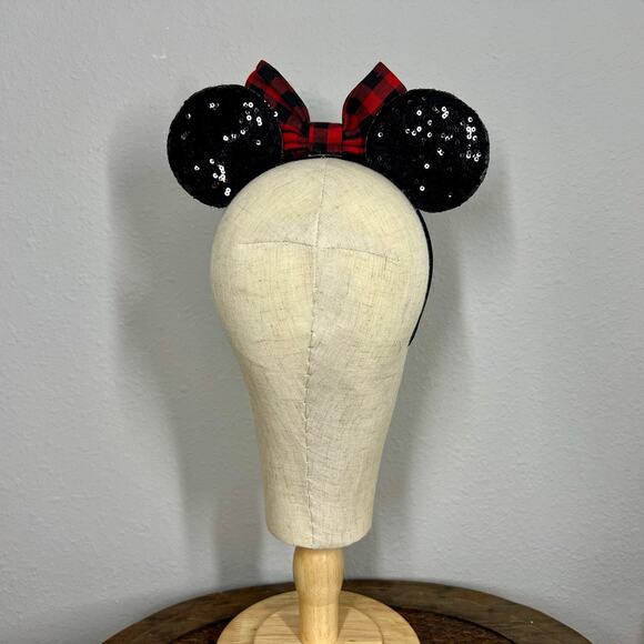 Christmas Red & Black Buffalo Plaid Minnie Ears | Disney-Inspired Holiday Ears - Picture 4 of 5